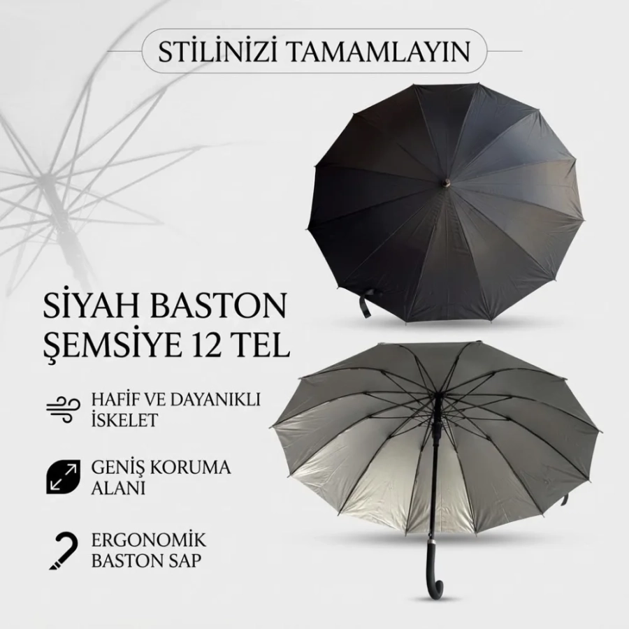 SİYAH BASTON ŞEMSİYE 12 TEL