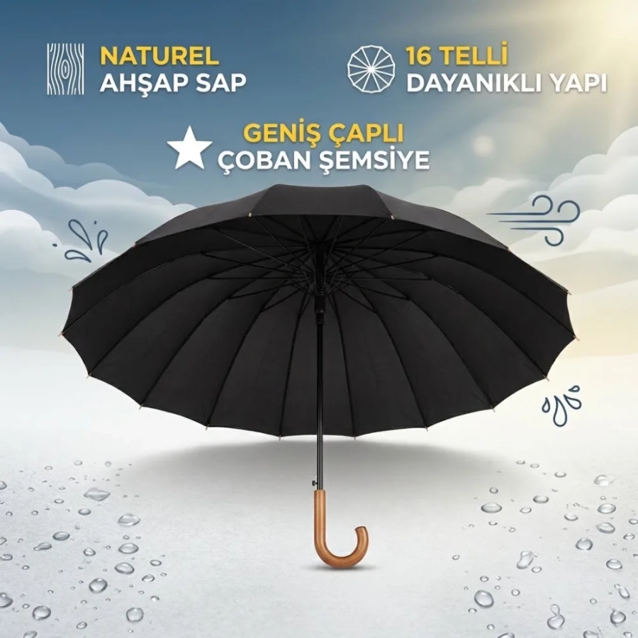 AHŞAP SAPLI ÇOBAN ŞEMSİYE 16 TEL